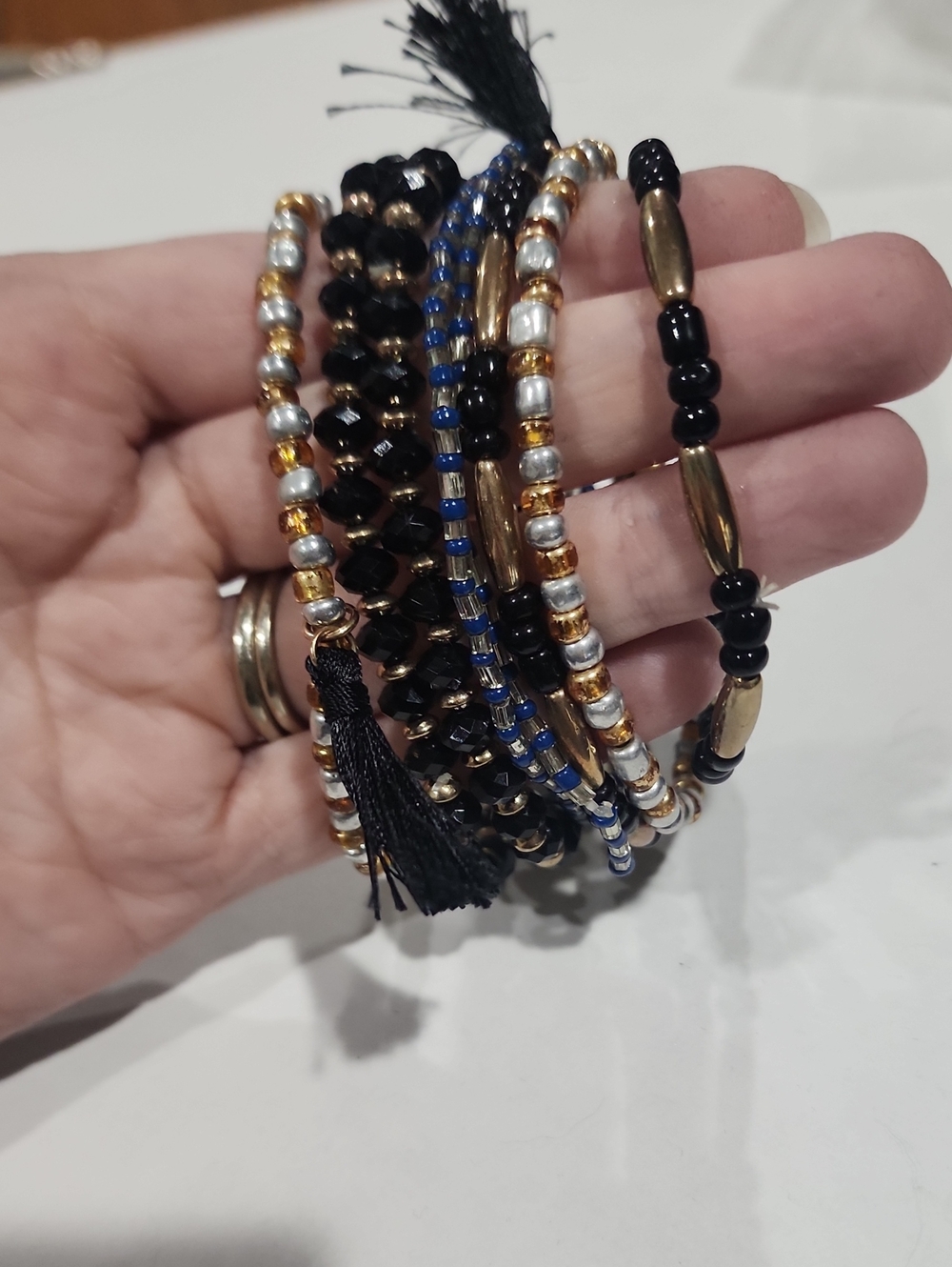 Maurices Black, Gold & Blue Beaded Bracelet Stack with Tassels